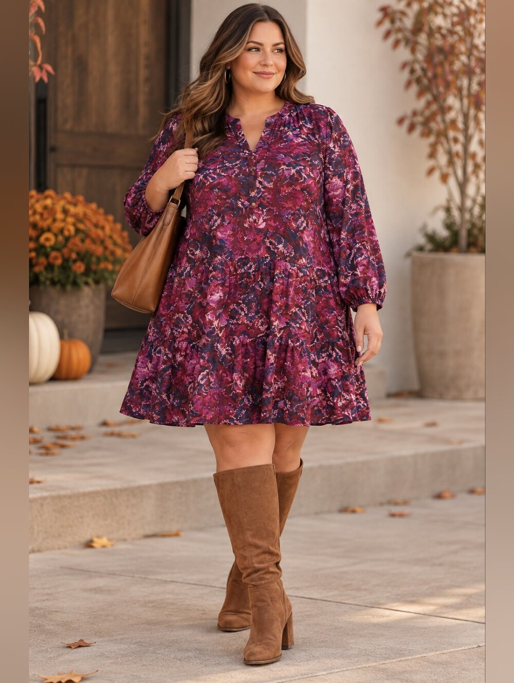 TIME and TRU Burgundy Purple Abstract Floral V-Neck Tiered Mini Dress